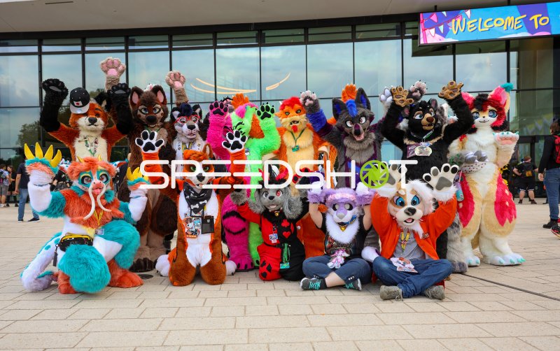 Große Fursuit-Gruppe posiert vor dem CCH Hamburg