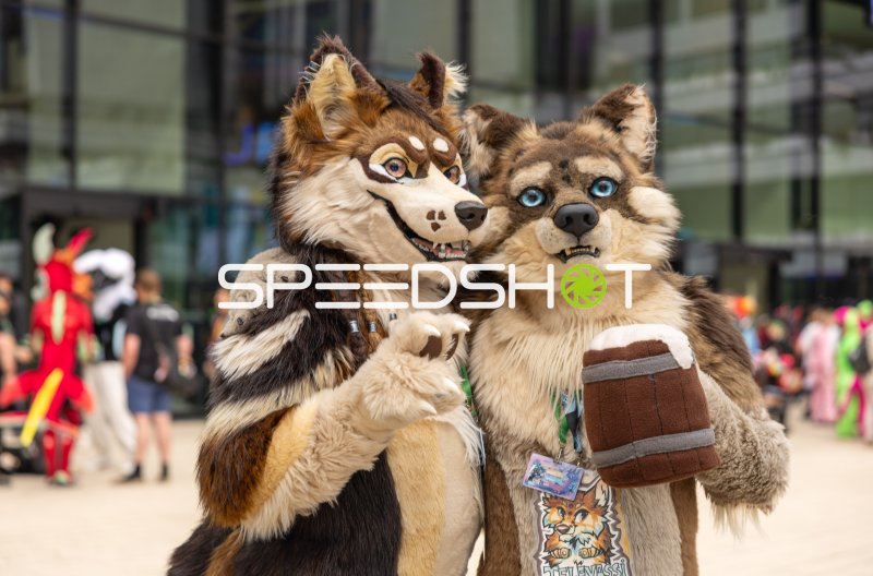 Zwei Wolf-Fursuits posieren gemeinsam vor dem CCH Hamburg