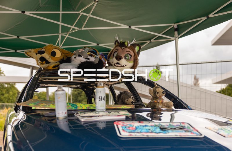 Fursuit-Köpfe und Plüschtiere auf einem Auto unter Pavillon