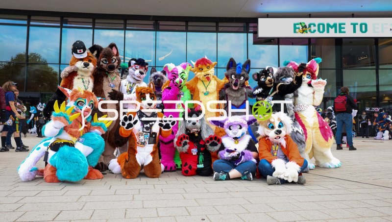 Große Fursuit-Gruppe posiert vor dem CCH Hamburg