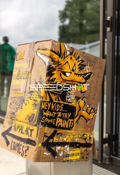 Bemalter Karton mit Graffiti-Kunst vor dem CCH Hamburg