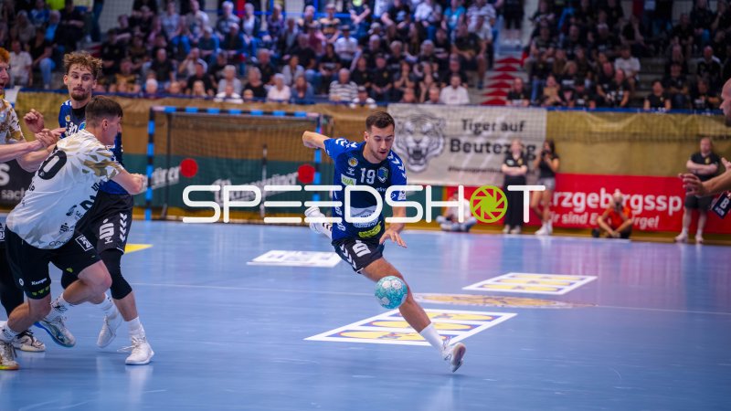 Francisco Pereira (#19; EHV Aue) beim Durchbruch in der Erzgebirgshalle