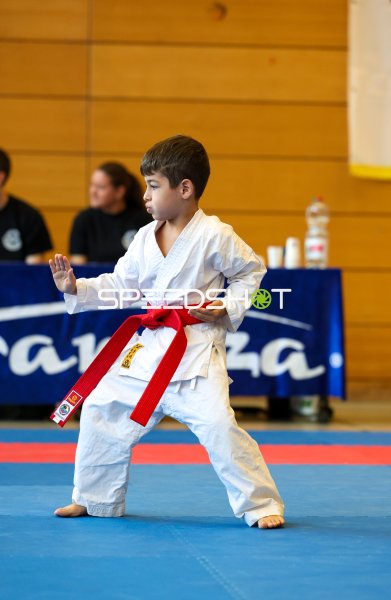 Junger Karateka führt Kata-Sequenz im weißen Gi mit rotem Gürtel aus
