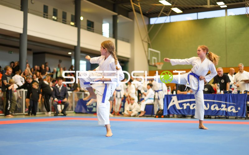 Zwei Karateka mit blauem Gürtel beim synchronen Kata-Tritt in Eckernförde