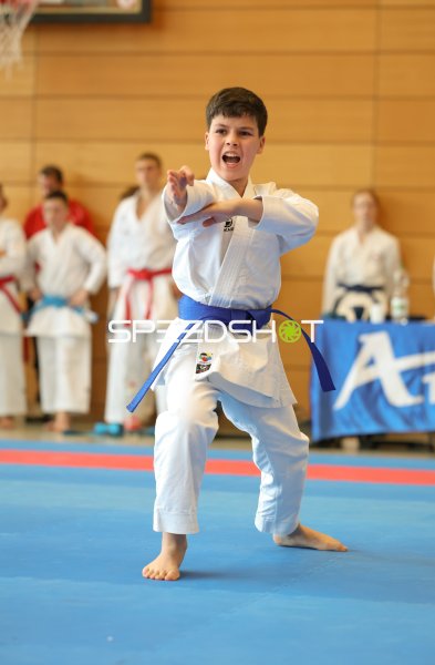 Junger Karateka mit blauem Gürtel bei intensiver Kata-Vorführung in Eckernförde