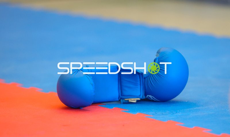 Blaue Karate-Handschuhe auf der Wettkampffläche in Eckernförde
