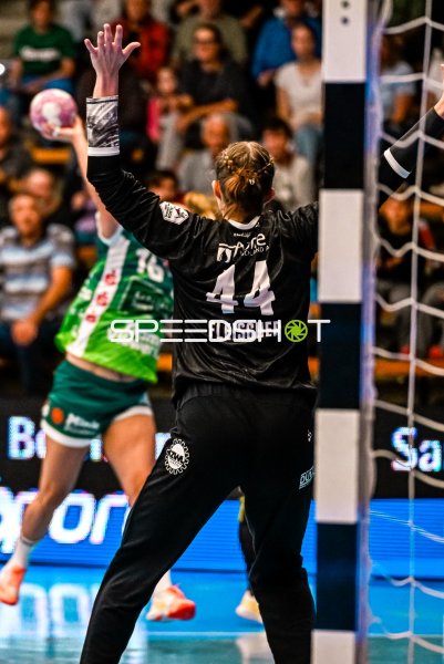 Janine Fleischer (#44; HC Leipzig) jubelt nach Tor