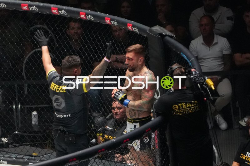 MMA-Kampf in der Octagon mit Schiedsrichter und Kampfteam