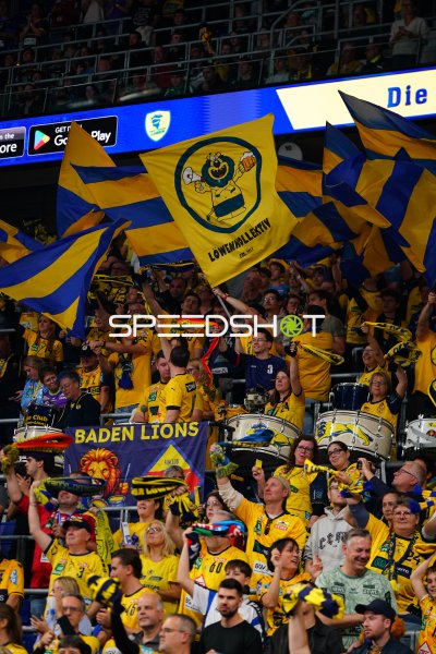 Löwen-Fans schwenken Fahnen und Schals in der SAP Arena