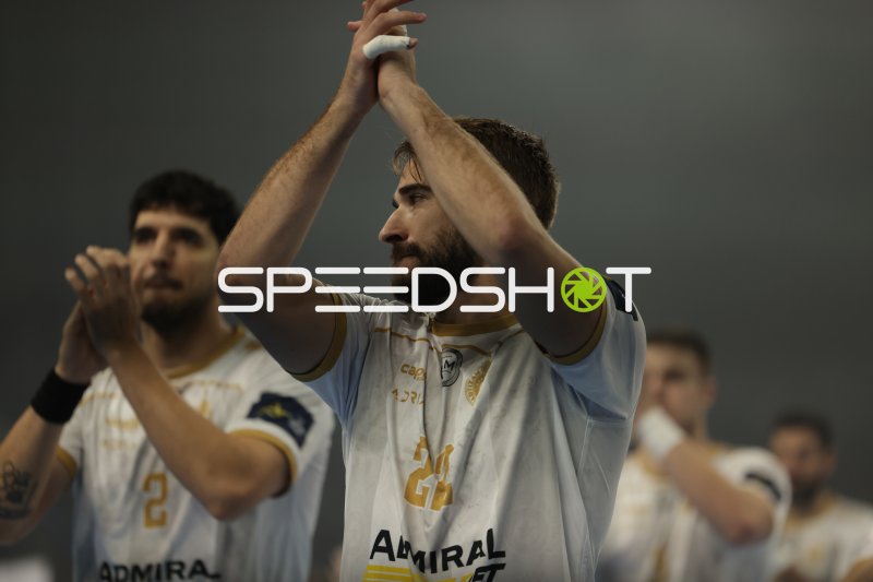 Handballspieler klatschen nach dem Spiel in der Max-Schmeling-Halle Berlin