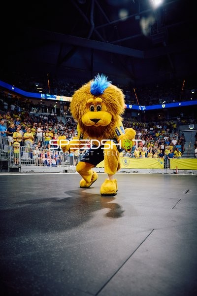 Maskottchen der Rhein Neckar Löwen auf dem Spielfeld.