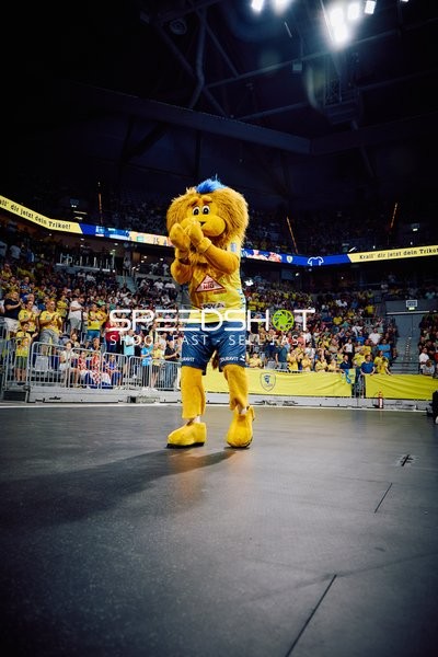 Das Maskottchen der Rhein Neckar Löwen unterhält die Zuschauer.