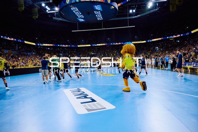 Die Spieler und das Maskottchen der Rhein Neckar Löwen feiern auf dem Spielfeld.