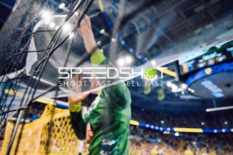 Ein Torwart der Rhein Neckar Löwen steht am Tor.