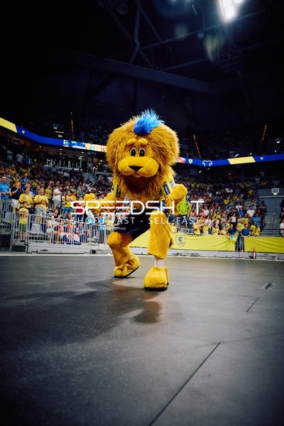 Das Maskottchen der Rhein Neckar Löwen steht auf dem Spielfeld.