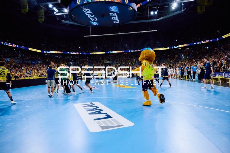 Maskottchen läuft auf das Spielfeld.