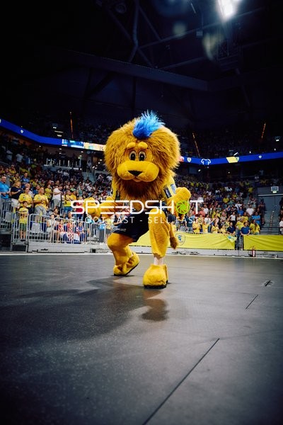 Das Maskottchen der Rhein Neckar Löwen ist auf dem Spielfeld aktiv.