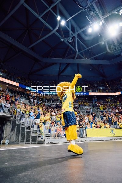 Maskottchen feiert vor den Fans