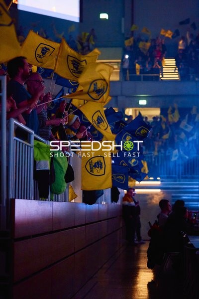 Fans schwenken Fahnen.