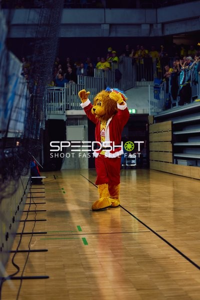 Maskottchen in Weihnachtskostüm auf dem Spielfeld