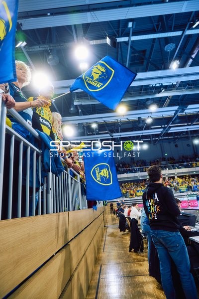 Fans schwenken Fahnen der Rhein Neckar Löwen während eines Handballspiels.