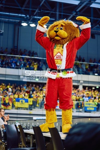 Das Maskottchen der Rhein Neckar Löwen unterhält das Publikum.