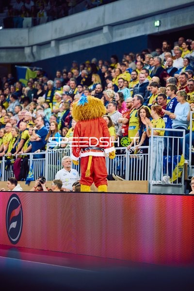 Das Maskottchen der Rhein Neckar Löwen interagiert mit den Fans.