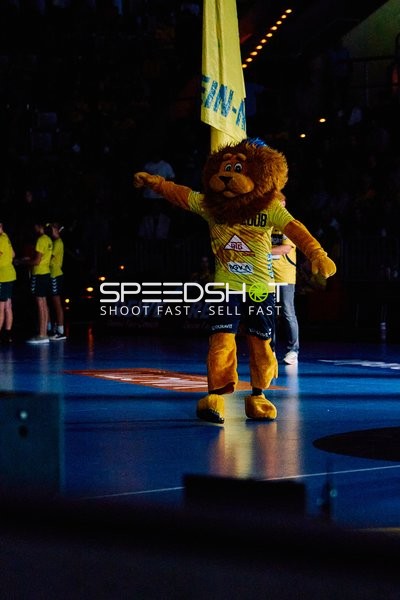 Ein Maskottchen der Rhein Neckar Löwen ist auf dem Spielfeld aktiv.