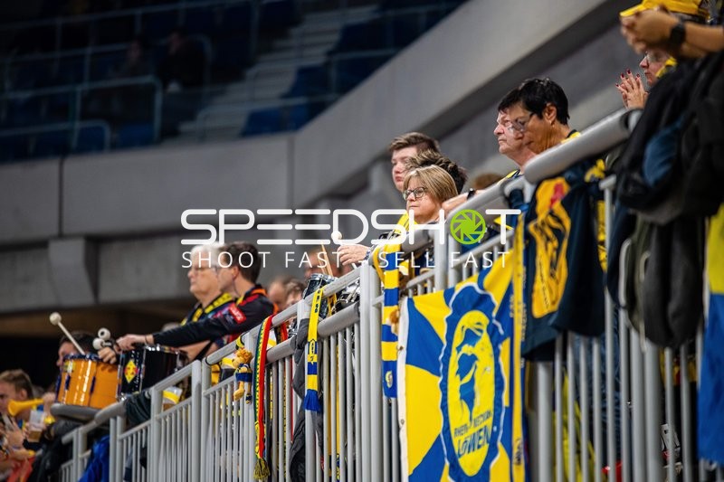 Zuschauer sind während eines Handballspiels aktiv.