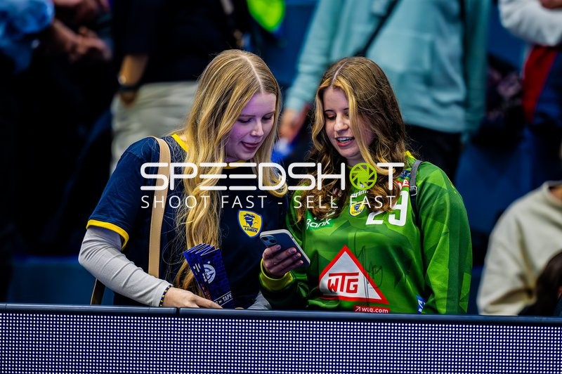 Zuschauer betrachten ein Smartphone.