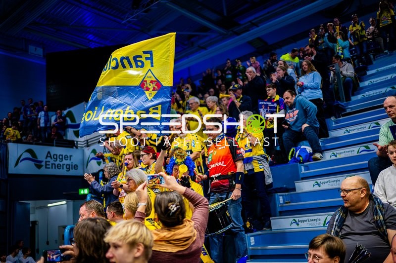 Fans der Rhein-Neckar Löwen feiern auf der Tribüne