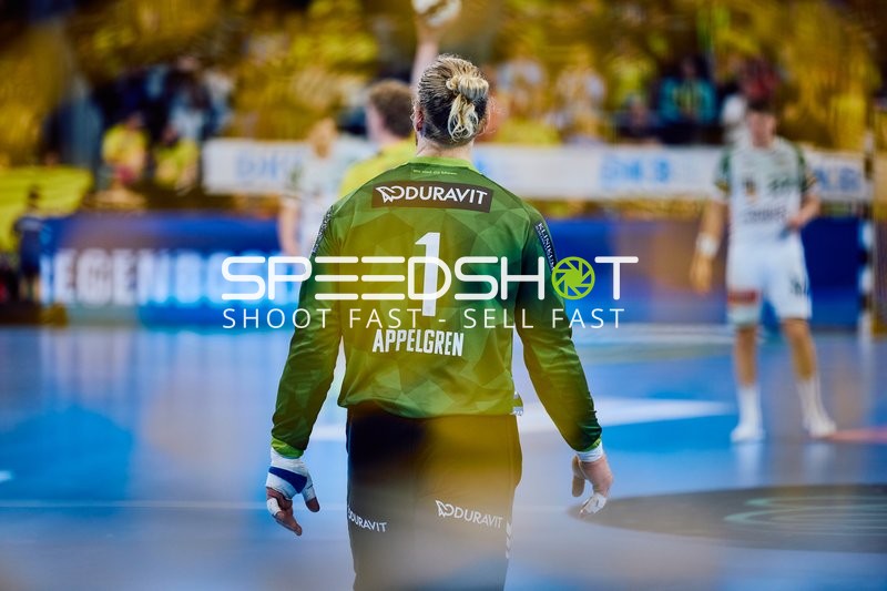 Der Torhüter Mikael Appelgren der Rhein-Neckar Löwen beobachtet das Spielgeschehen.