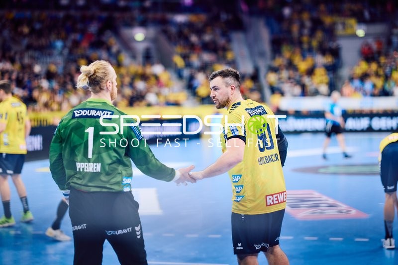 Zwei Spieler der Rhein-Neckar Löwen geben sich die Hand.