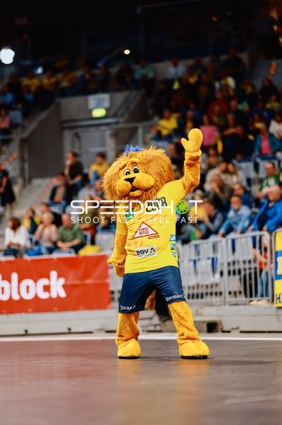 Das Maskottchen der Rhein-Neckar Löwen animiert die Zuschauer.