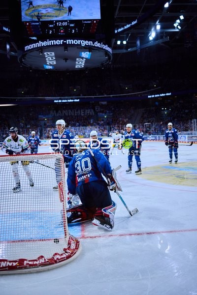 Torwart von Adler Mannheim verteidigt Tor