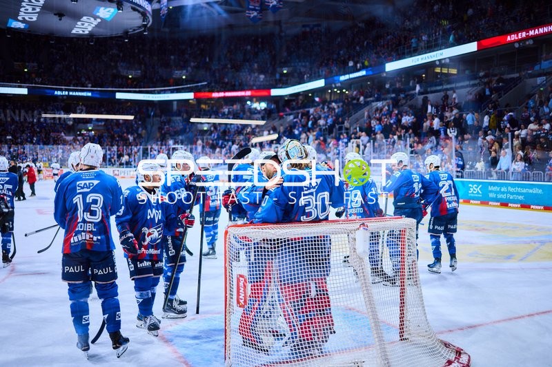 Adler Mannheim jubeln nach Playoff-Sieg