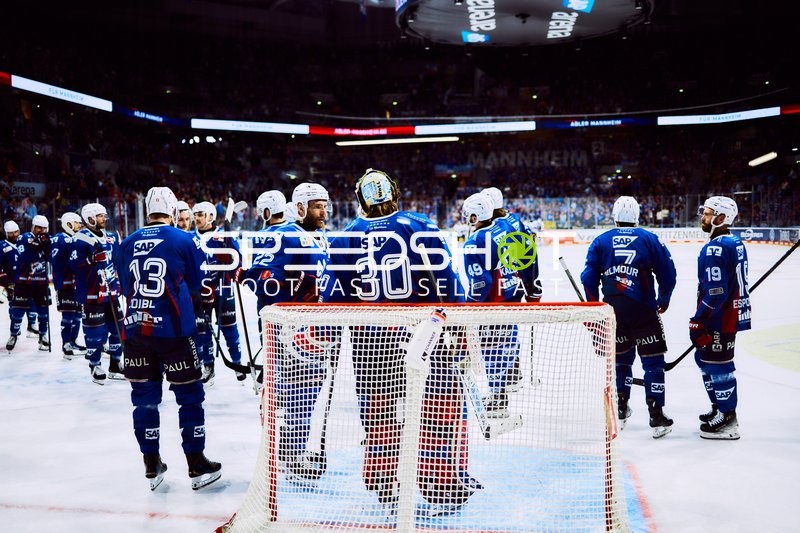Spieler der Adler Mannheim versammeln sich beim Tor