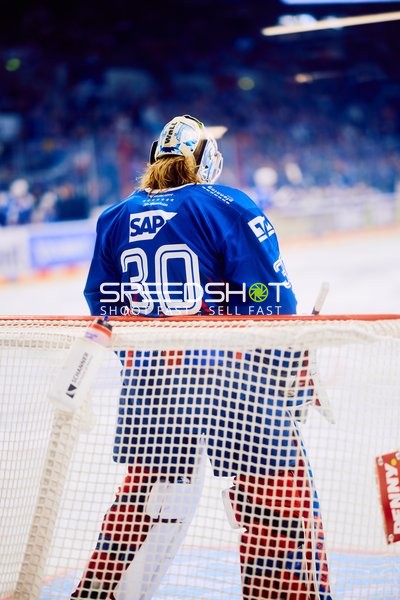 Adler Mannheim Torwart in Aktion während Playoffs