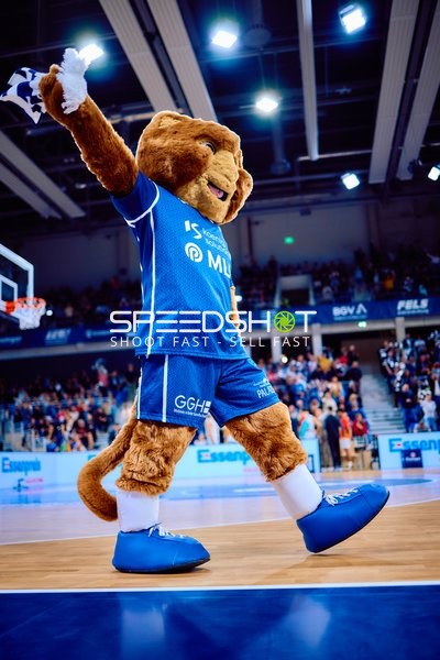 Maskottchen jubelt auf dem Spielfeld