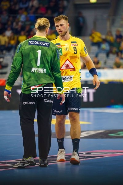 Mikael Appelgren (1, Rhein Neckar Löwen) und Steven Plucnar Jacobsen (9, Rhein Neckar Löwen) im Gespräch