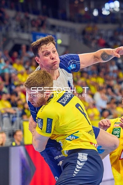 Block Tim Nothdurft (8;Rhein Neckar Löwen), Jannek Klein (17;VfL Potsdam), Juri Knorr (10;Rhein Neckar Löwen)