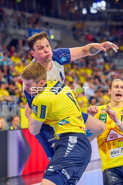 Block Tim Nothdurft (8;Rhein Neckar Löwen), Jannek Klein (17;VfL Potsdam), Juri Knorr (10;Rhein Neckar Löwen)