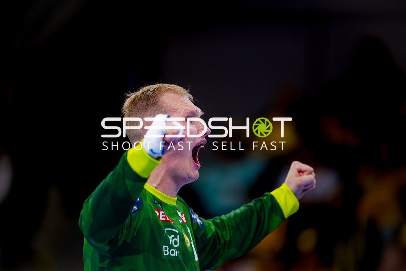 Torwart mit erhobenen Armen