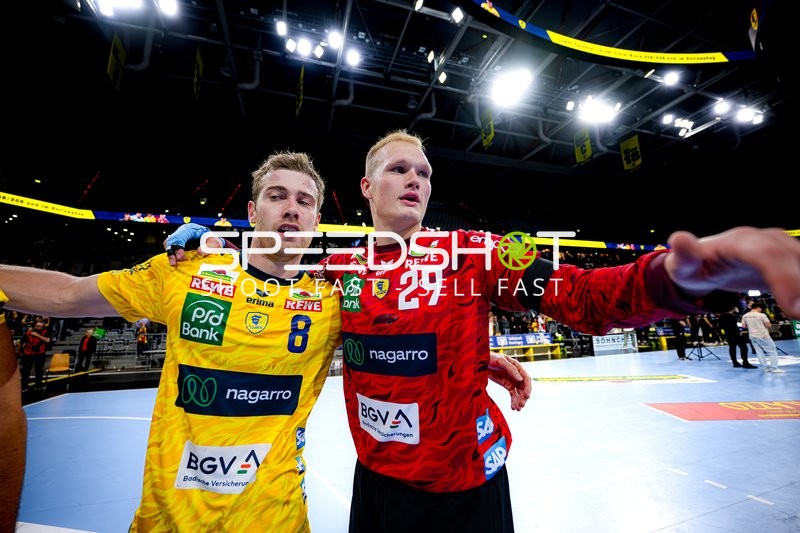 Tim Nothdurft (8; Rhein Neckar Löwen) und David Späth (29; Rhein Neckar Löwen) positionieren sich