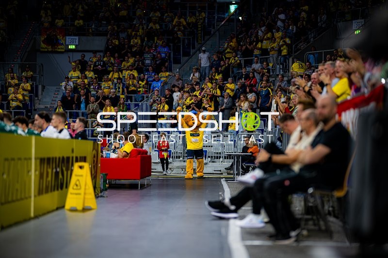 Maskottchen der Rhein Neckar Löwen bei Fanunterstützung