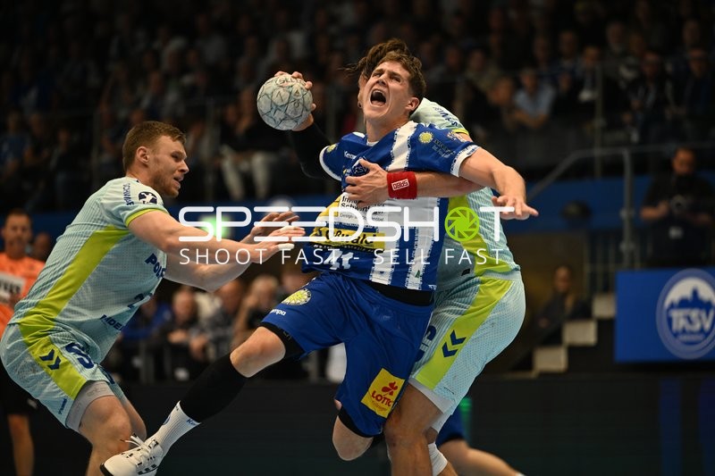 Vukasin Antonijevic (41; ThSV Eisenach) gegen Kristjan Horzen (27; VfL Gummersbach) im Duell