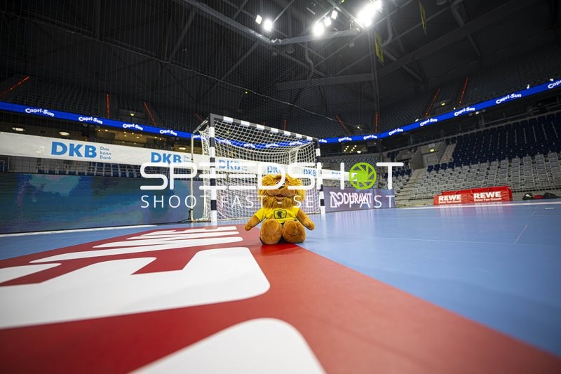 Leeres Spielfeld mit Maskottchen