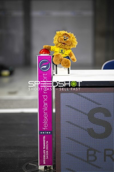 Maskottchen der Rhein-Neckar Löwen auf Werbetafel