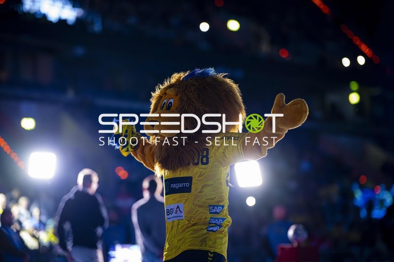 Maskottchen der Rhein Neckar Löwen begrüßt Fans