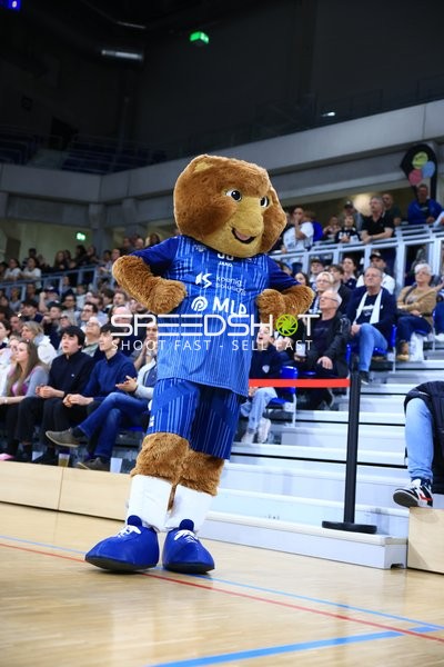 Maskottchen Accy (99; MLP Academics Heidelberg) auf dem Spielfeld